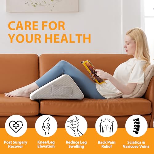 Ruqmuis White & Grey Knee Wedge Pillow for Back & Leg Support, 8" Leg Elevation Pillow for Pain Relief & Post-Surgery Recovery