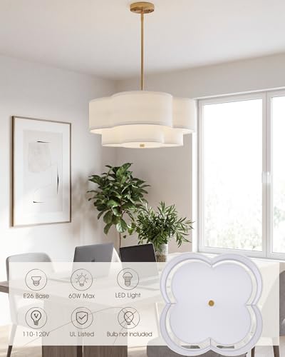 18-Inch Gold Pendant Light with White Fabric Shade - Dual Layer Quatrefoil Design, Adjustable Height