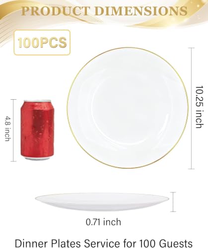 10.25-Inch White and Gold Disposable Plastic Plates - Pack of 100