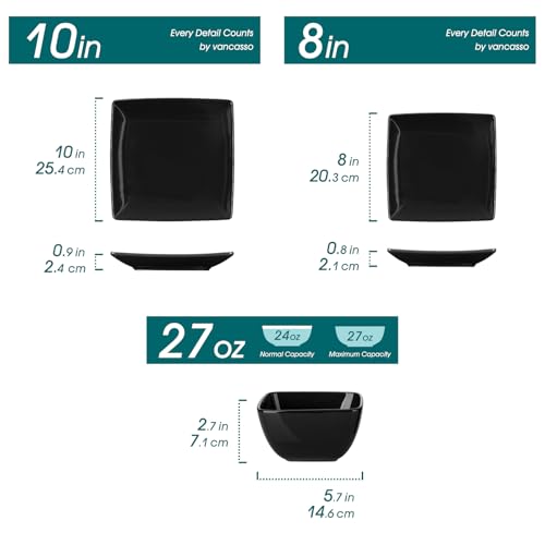 Vancasso Soho 12-Piece Black Square Dinnerware Set for 4 - Modern Stoneware Plates & Bowls