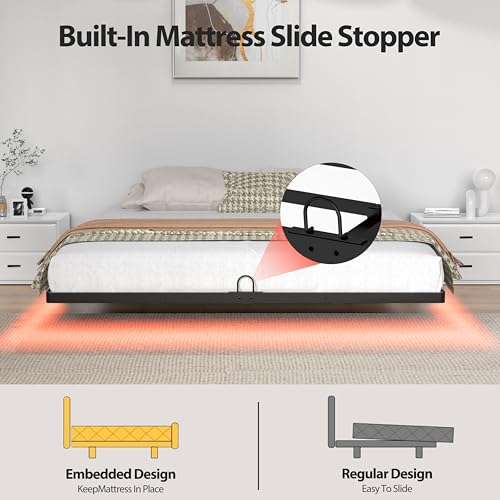 Floating Bed Frame with Smart LED Lights Queen - Modern Metal Platform Bed No Box Spring Needed