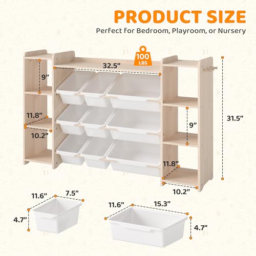 GITAWUSA White Toy Storage Organizer with 6 Shelves, 9 Bins & 6 Hooks - 57"W Kids Bookcase & Playroom Storage