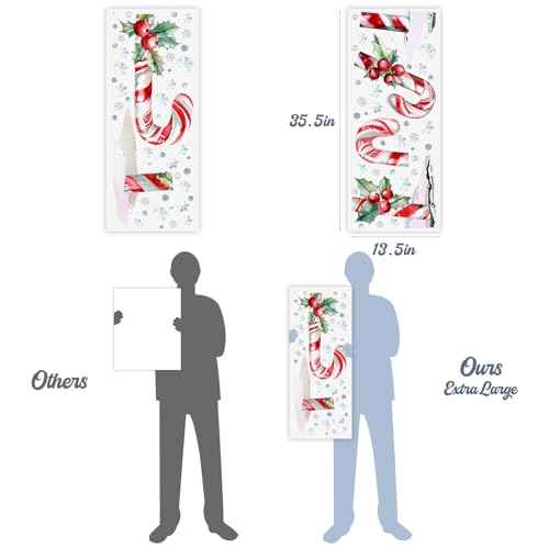 Christmas Window Clings Decor, 2 Sheets Extra Large Candy Cane Window Clings with Red Berry and Holly Leaves, Rustic Candy Snowflakes Xmas Window Stickers for Home Office Holiday Party D?cor