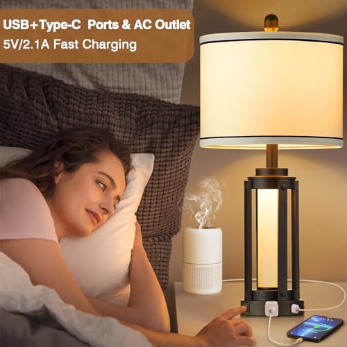 Black 25-Inch Modern Table Lamp Set with USB-C, AC Outlet & Night Light