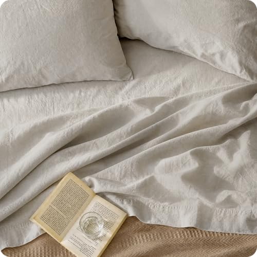 Bedsure Beige King Size Linen Cotton Blend Sheets Set - Natural, Breathable, Deep Pocket