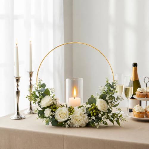 Leinuosen 12-Inch Table Centerpiece Set – 12 Gold Metal Wreath Rings with Glass Candle Holders and Wooden Stands
