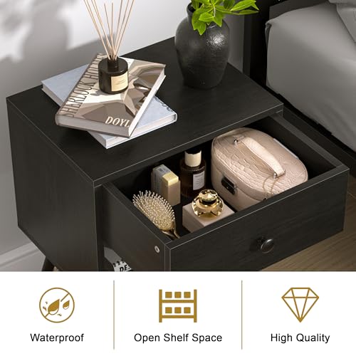 VECELO Black Nightstands Set of 2 | Modern Mid Century Bedside Tables with Storage Drawer & Open Shelves