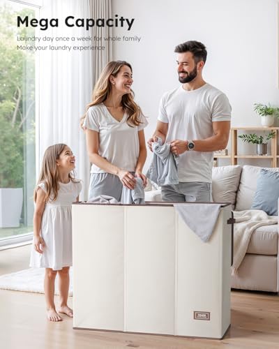 SOLEDI Off-White 180L Large 3-Section Laundry Hamper with Removable Mesh Bags