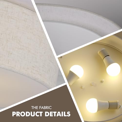 Calokes 18-Inch Large Flush Mount Ceiling Light Fixture with Fabric Shade - Beige, Modern Drum Design for Living Room, Bedroom, Kitchen