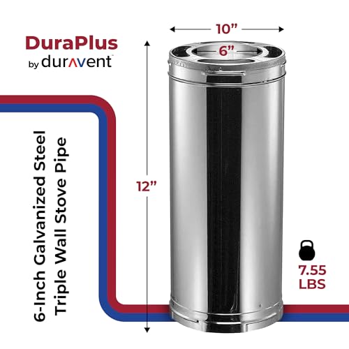 DuraVent DuraPlus 6-Inch Diameter Stainless Steel Chimney Pipe - 12-Inch Length, Triple-Wall Construction