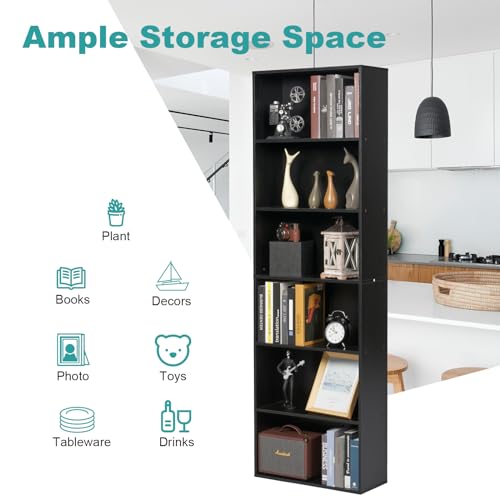 6-Tier Wooden Bookcase - Floor Standing Storage Shelf for Home & Office