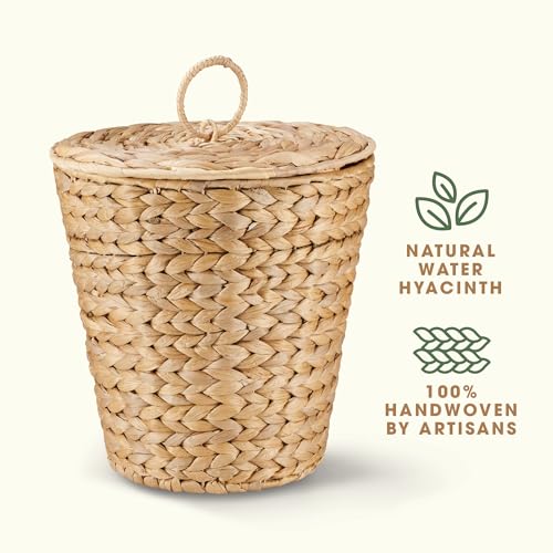 84ECO Water Hyacinth Wicker Trash Can with Lid and Liner - 3 Gallon Waste Basket for Bathroom, Kitchen, Bedroom