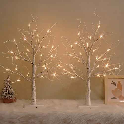 White Birch Tree with LED Lights, Christmas Decorations Lighted Tree for Tabletop, Battery Operated 24 LED Warm White Tree, 2FT Mini Small Christmas Tree Indoor Home Christmas Decor (2 Pack, Timer)