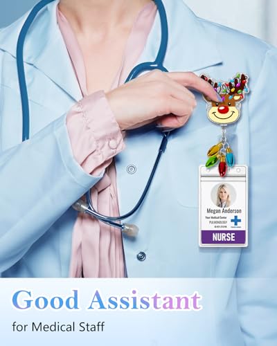Besoar Christmas Colorful Reindeer Badge Reel Retractable ID Holder with Alligator Clip - Holiday Gift for Nurse, Medical Staff, Students