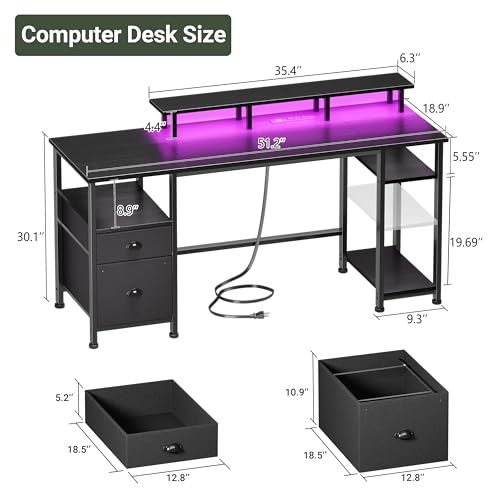 Furologee 51" Gaming Desk with Outlets & LED, Computer Office Desk,