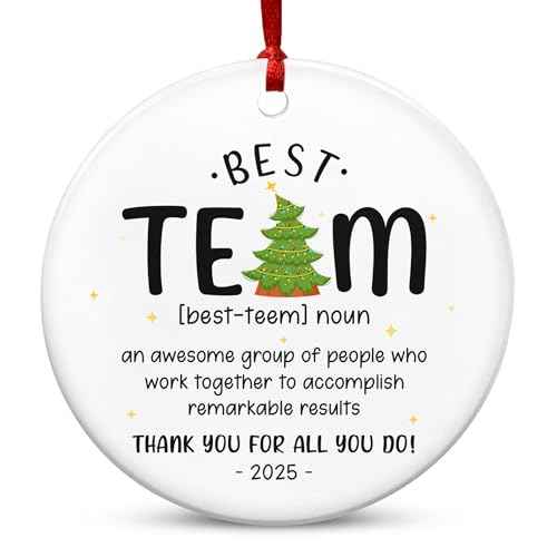 TEEZWONDER Best Team Ever Gifts - Ceramic Christmas Ornaments 2025 with Card for Christmas Tree Decorations - Office Group Gifts for Coworkers Employees Friends, Appreciation Thank You Gift Ideas