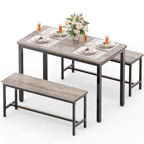 FAVSH Grey Dining Table Set for 4 with 2 Benches - Space-Saving Modern Kitchen Furniture