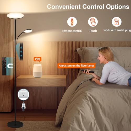 Black LED Floor Lamp 42W 4500LM Stepless Dimmable with Reading Light & Remote
