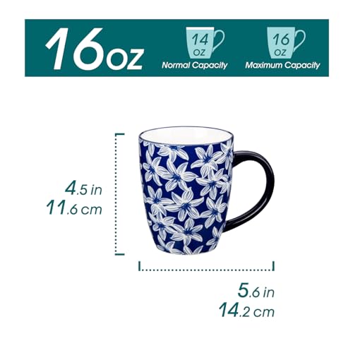 Large 16 Oz Coffee Mug Set of 6 - Vintage Blue Porcelain Tea and Coffee Cups with Handle