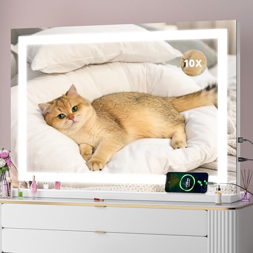 Square White LED Makeup Mirror with Lights 32x22 Inch, 10X Magnification, Dimmable & Touch Control
