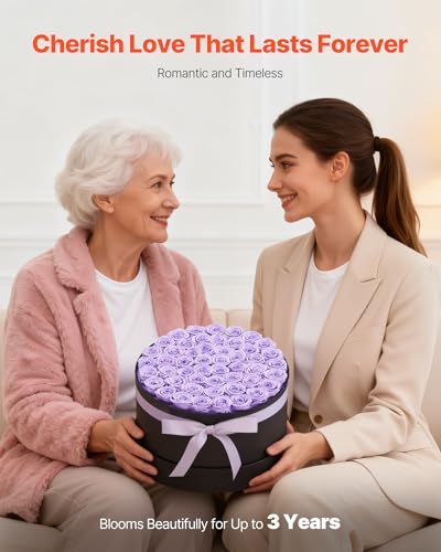 Purple 50 Preserved Roses in Round Box - VEVOR Forever Flowers, No Care Needed