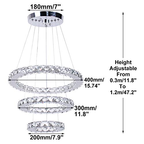 Diisunbihuo 3-Ring LED Crystal Chandelier for Dining Room Silver, Cool White Variation