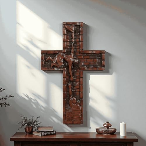 Texphw Wooden Cross Wall Decor - Christian Religious Hanging Art, 15in Retro Design, Ideal for Prayer Room & Christmas Gifts