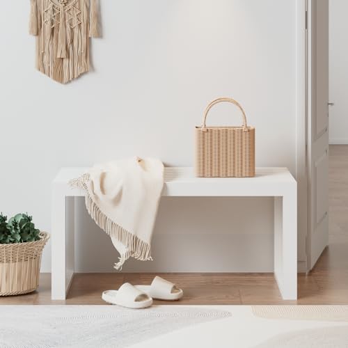 APRTAT White 35.4-inch Bamboo Entryway Bench with Rustic Farmhouse Style