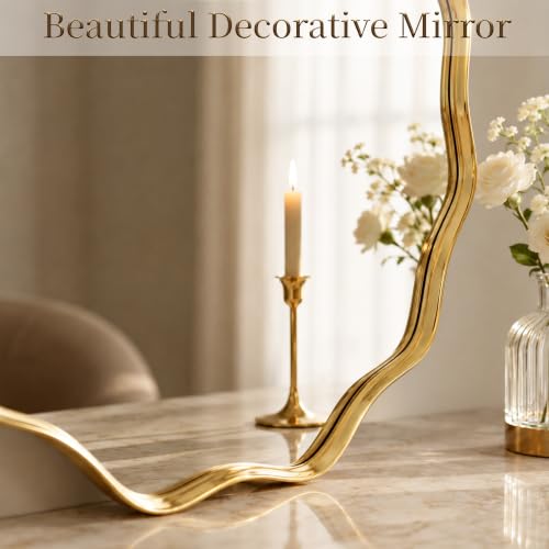 VooBang 24-Inch Gold Scalloped Wavy Edge Round Wall Mirror - Vintage Style