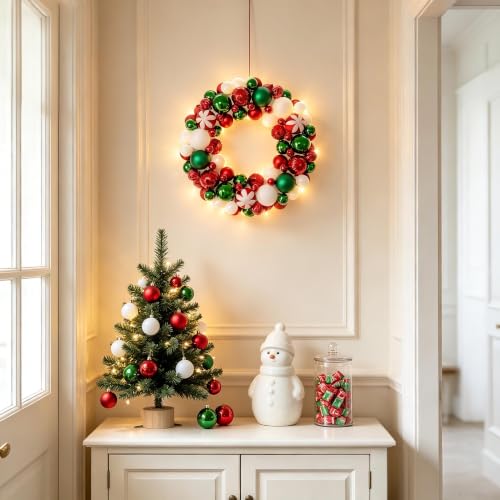 HipTree 13.8in Christmas Wreath with Lights - Red Green White Variation
