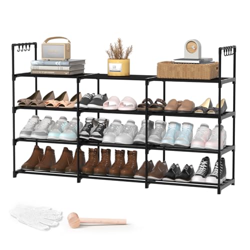3 Row 4 Tier Shoe Rack - Stackable Metal Shoe Organizer with Hooks, Holds 24-30 Pairs - Space Saving Closet Storage - Black - Variation of THIS listing