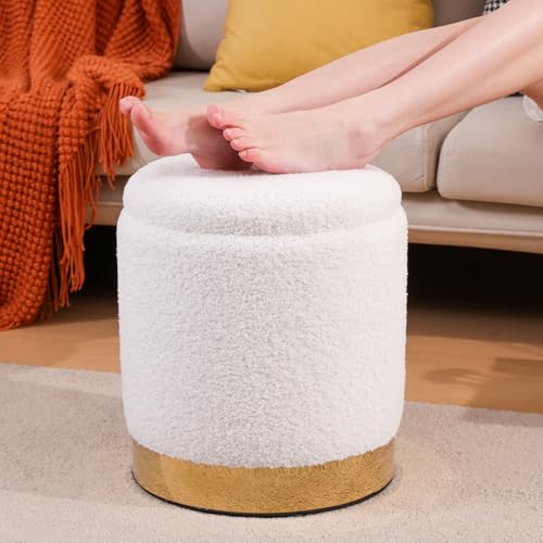 2-Pack White Teddy Storage Ottoman Set with Hidden Compartments, 14.75-inch