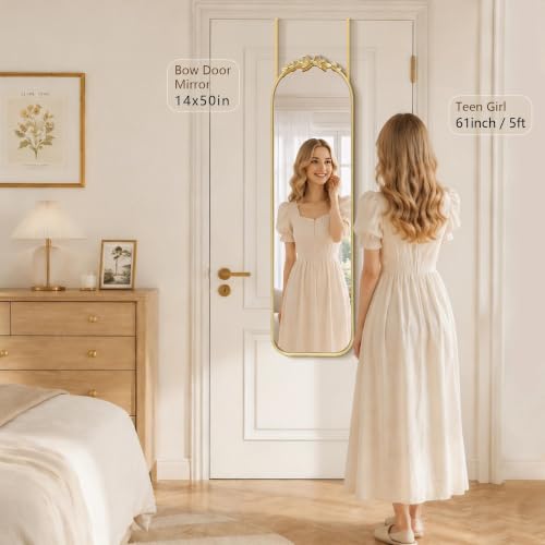 Gleaming Gold Full-Length Over-The-Door Mirror - 14x50 Inch Arched Design with Bow