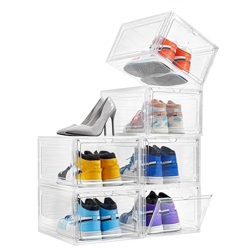 Attelite Stackable Clear Shoe Storage Boxes - XL 6 Pack with Magnet Doors - White Variant