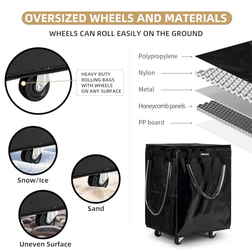 Large Black Reusable Grocery Bag with 5 Wheels Foldable Rolling Tote