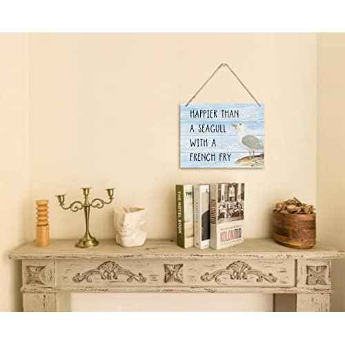 Happier Than a Seagull with a French Fry Decor Sign, Hanging Printed Wall Plaque Wood Signs, Home D?cor Gift, Rustic Farmhouse Decorations for The Home 10X7.8inch