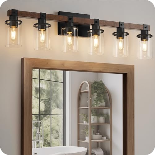 GOEBLESON 6-Light Bathroom Vanity Light Fixture with Glass Shades, Rustic Black & Brown