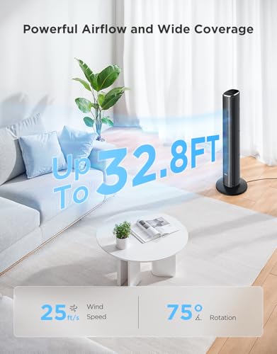 GoveeLife Black Tower Fan with Wi-Fi Control, 5 Modes, 8 Speeds, 25ft/s