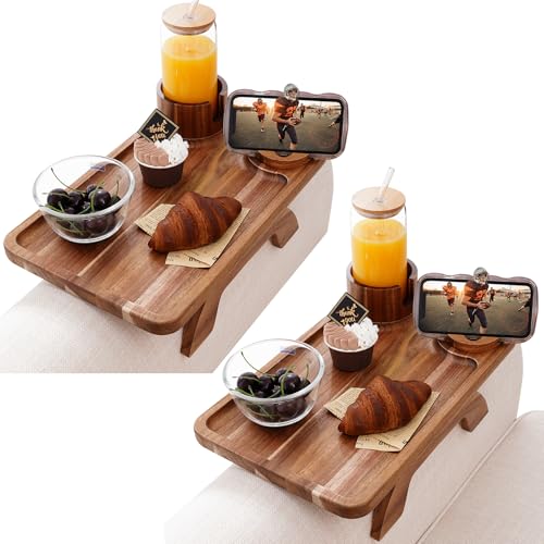 Nnewvante Acacia Wood 2-Pack Couch Armrest Tray with Cup Holders & Phone Stand – Clip-On Sofa Table