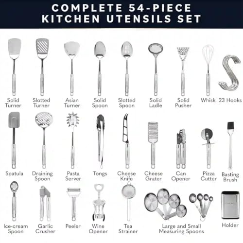 Silver Home Hero 54-Piece Stainless Steel Kitchen Utensil Set with Heat-Resistant Silicone
