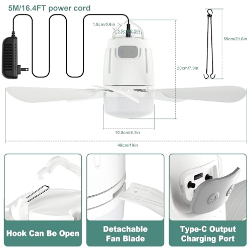 20-Inch Portable Outdoor Ceiling Fan with Light & Remote - White, 20000mAh Battery