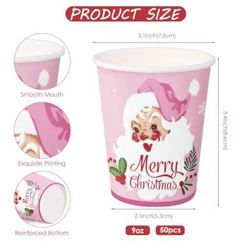 WRAPAHOLIC 50 Pcs Christmas Paper Cups - 9 oz Pink Santa Claus Disposable Cups, Holiday Party Supplies for Juice Coffee Hot Cold Beverage Drink