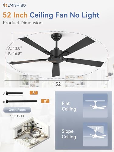 52 Inch Ceiling Fan Black No Light - High 3713 CFM, Reversible Quiet Motor, Remote Control, Adjustable Downrod