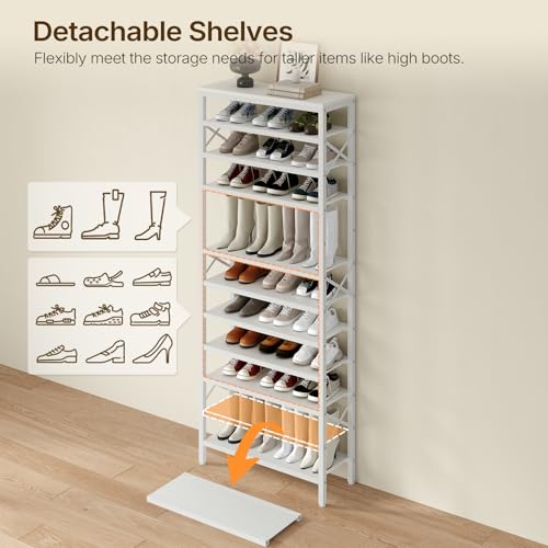 Tall Wooden Shoe Rack Organizer - 12 Tiers, White, 27.8 x 11 x 81.3 inches