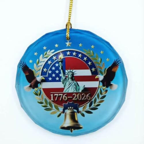 Yushengtong Patriotic America 250th Anniversary Crystal Glass Ornament Pendant - Red, Blue, White, Gold - 3 Inch Holiday Christmas Decoration