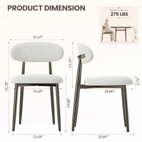 Beige Upholstered Dining Chairs Set of 2 - Modern Kitchen & Dining Room Seating with Curved Back & Bronze Metal Legs