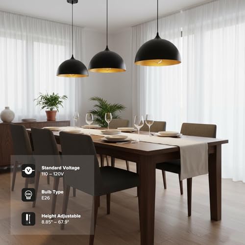 Black & Gold Pendant Lights 3 Pack - 11.8 Inch Modern Farmhouse Dome Fixture for Kitchen Island & Dining