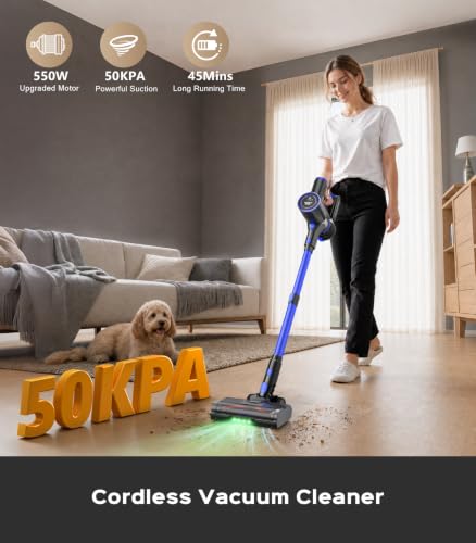 UKDMROX Cordless Vacuum Cleaner 550W 50KPa, Up to 45 Min, Self-Standing Stick