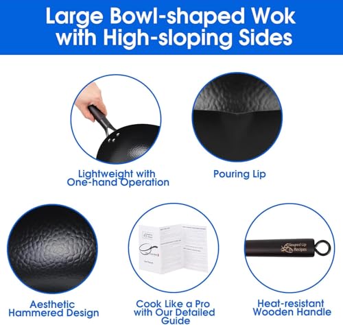 12.5 Inch Carbon Steel Wok with Wooden Lid - Pre-Seasoned for Electric, Induction & Gas Stoves
