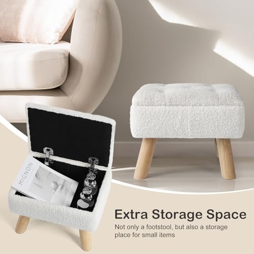 Cream Storage Ottoman Footstool with Padded Teddy Velvet Seat & Wooden Legs